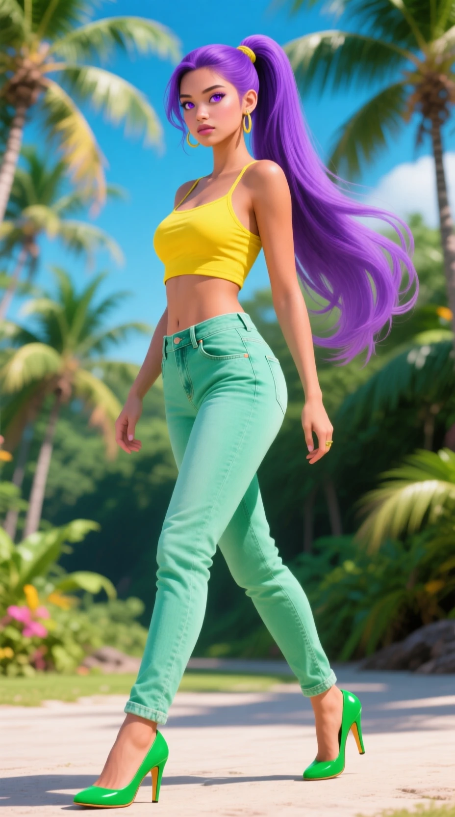 Donna hawaiana che cammina in una luminosa scena di moda tropicale