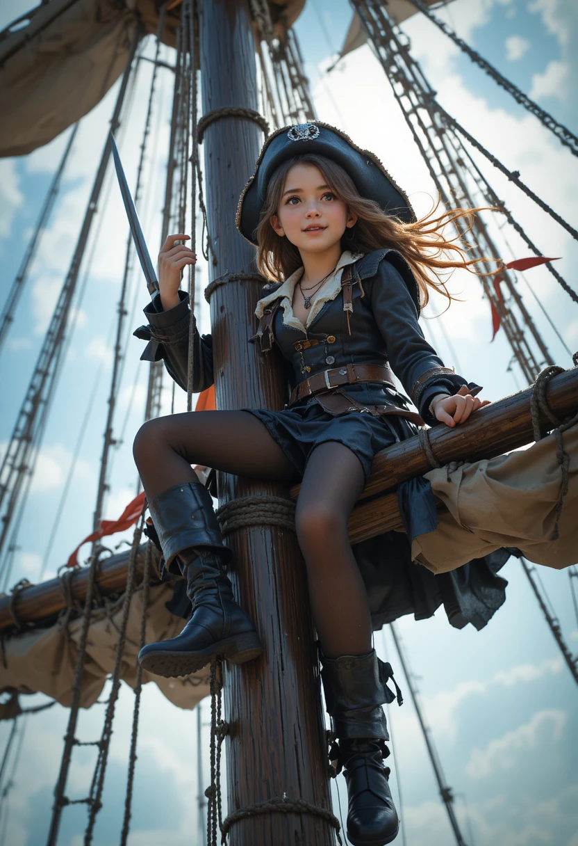 Giovane piratessa che scala l'albero di una nave con un pugnale