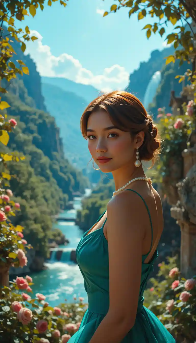 Idyllic sunlit gorge with winding river and waterfall