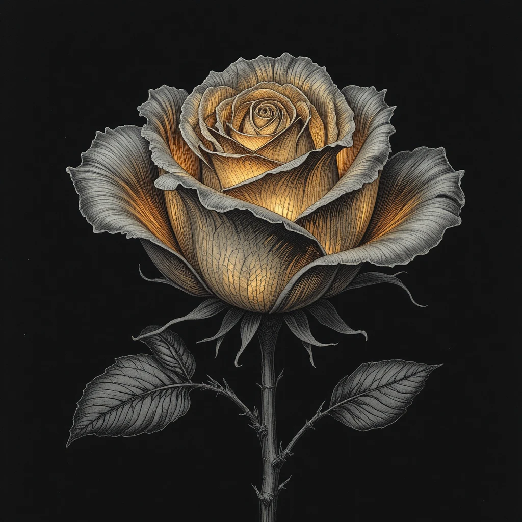 Rosa incisa che brilla in una calda luce dorata di candela