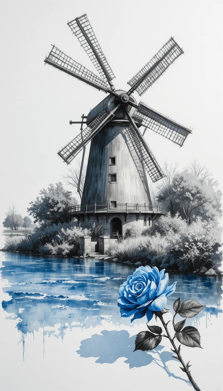Charcoal drawing of a windmill beside a calm riverside