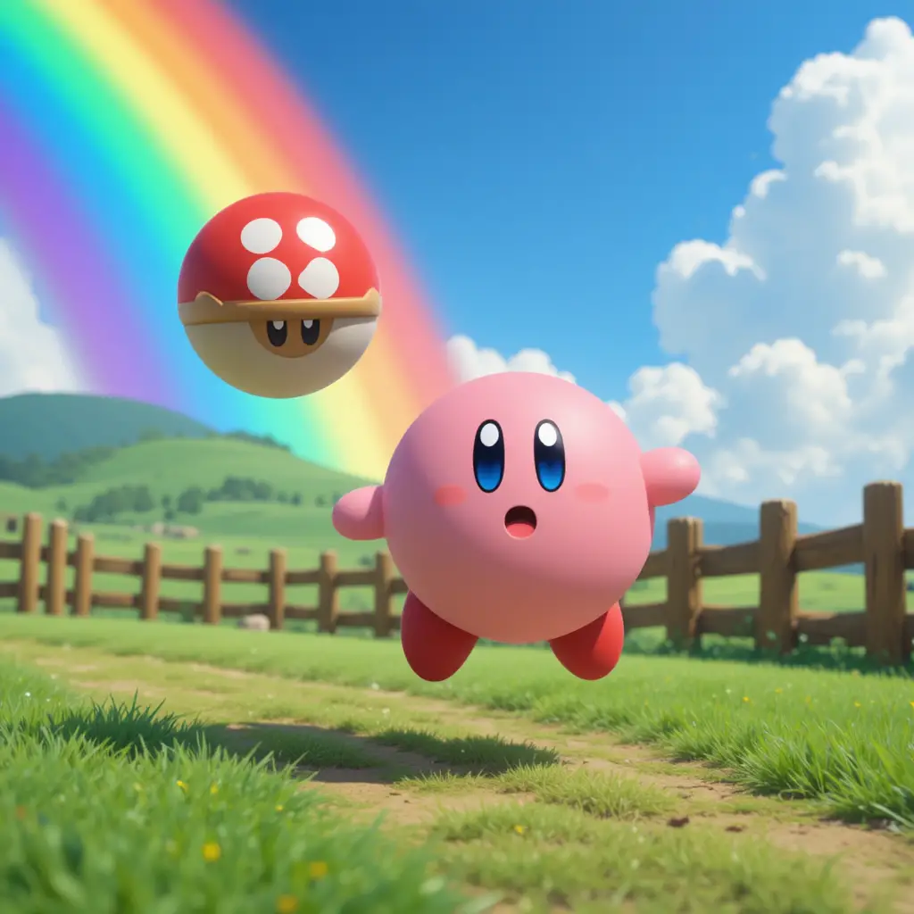 Dolce creatura rotonda che insegue una palla su una collina arcobaleno