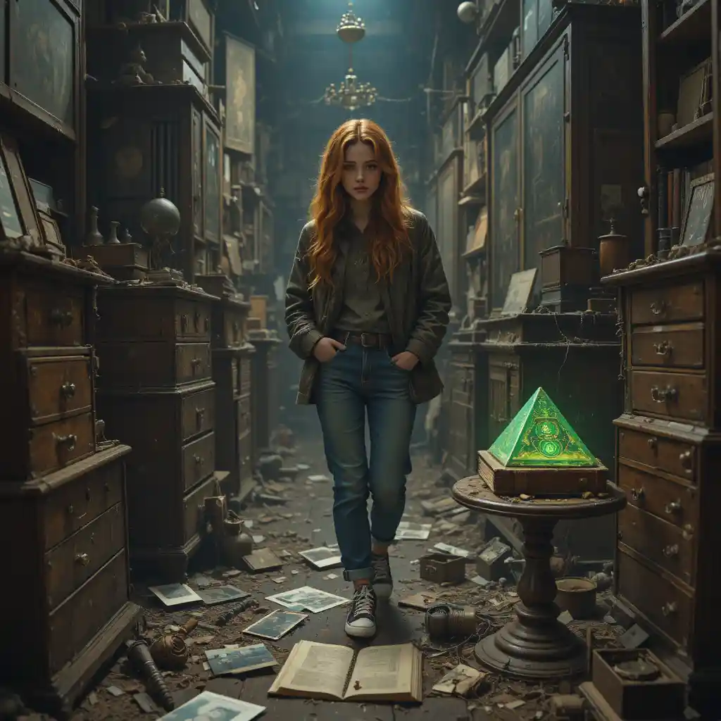 Young woman exploring a dusty attic with eerie relics
