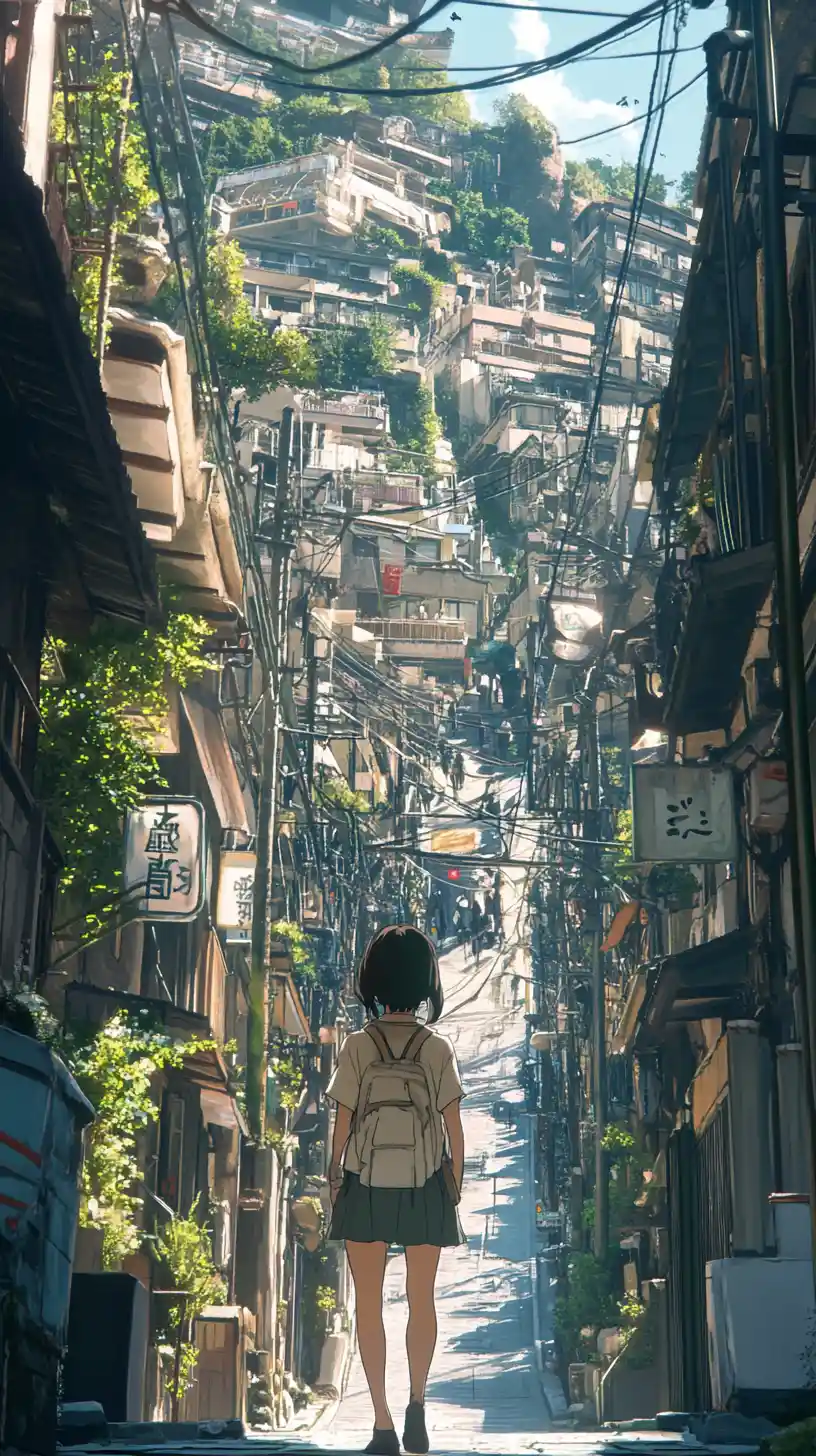Garota de anime caminhando por uma rua japonesa nostálgica
