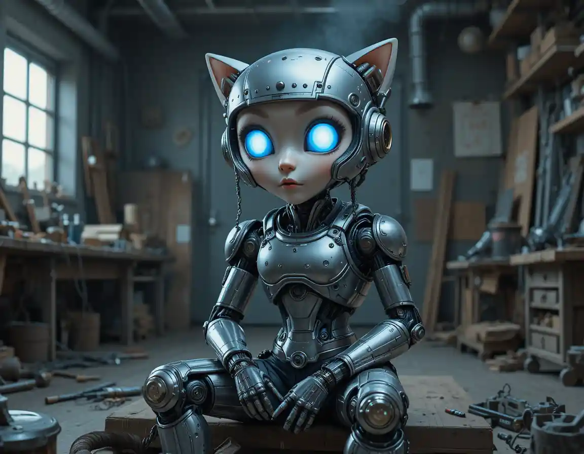 Humanoid robot cat in a dark futuristic workshop