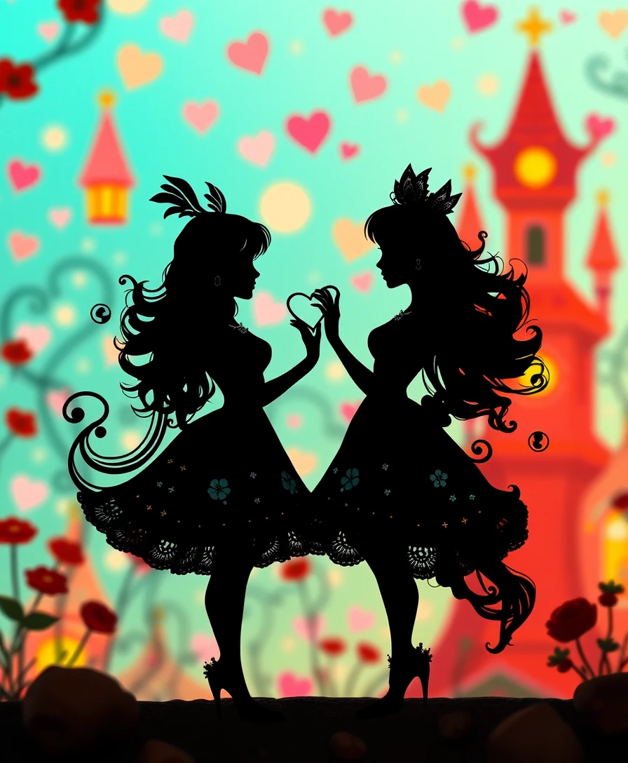 Whimsical popsurreal sweetheart silhouettes in fantasy scene