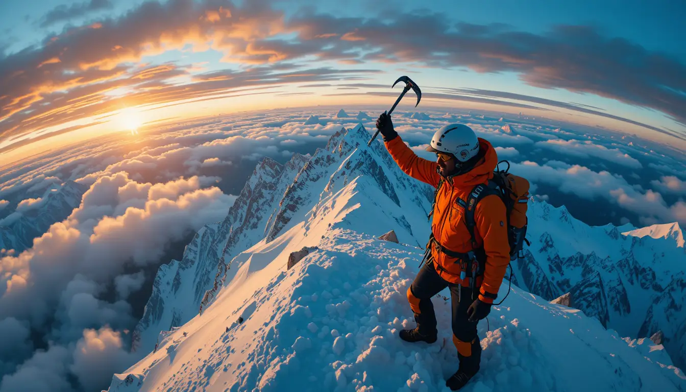 Mountaineer Raising Ice Axe On Everest Summit At Sunrise