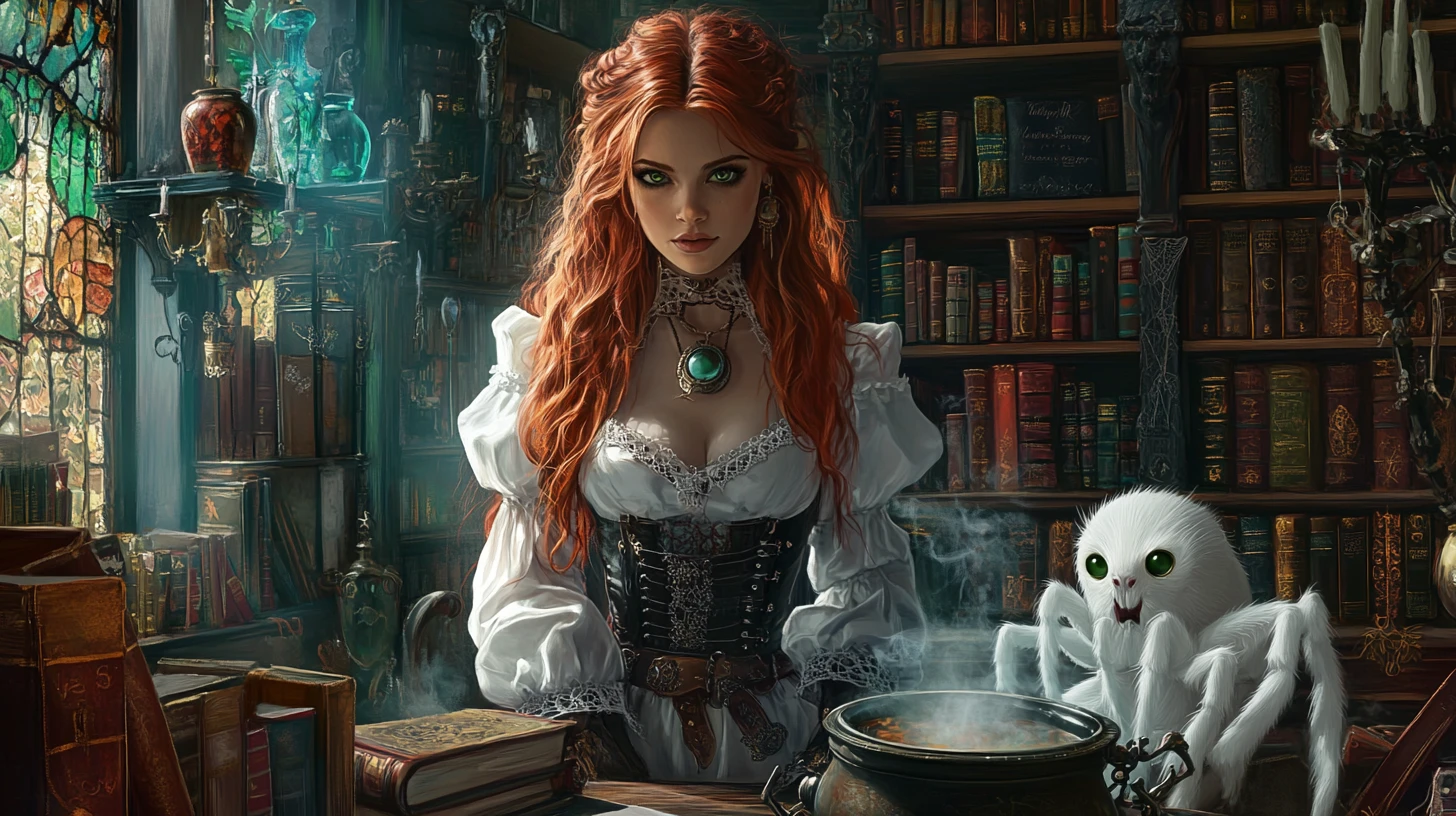 Rothaarige weiße Hexe in einer Steampunk‑Bibliothek