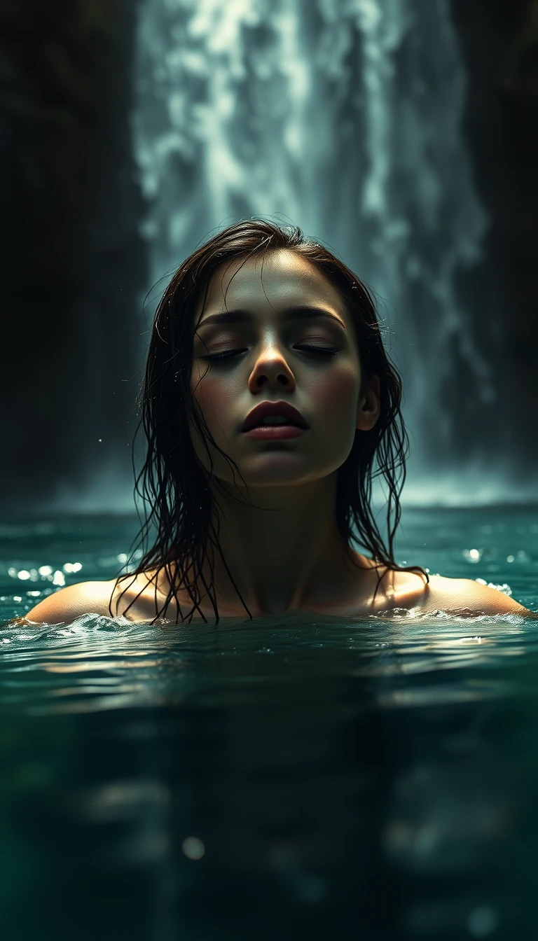 Mystical woman beneath a jungle waterfall pool