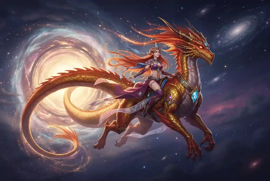 翱翔於宇宙天空的天界巨龍與女術士