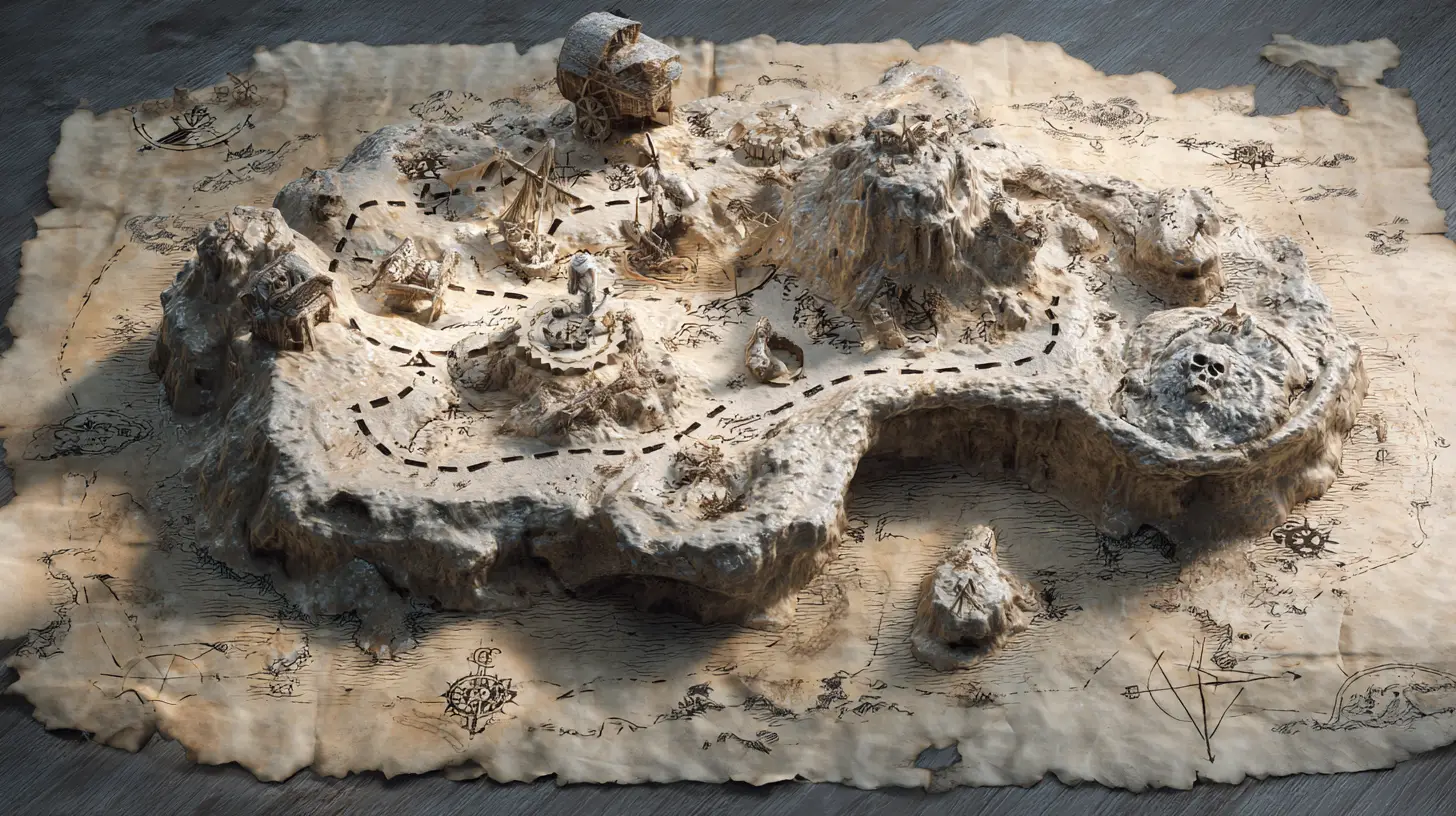 Fantasy 3D pirate treasure map with skull symbols