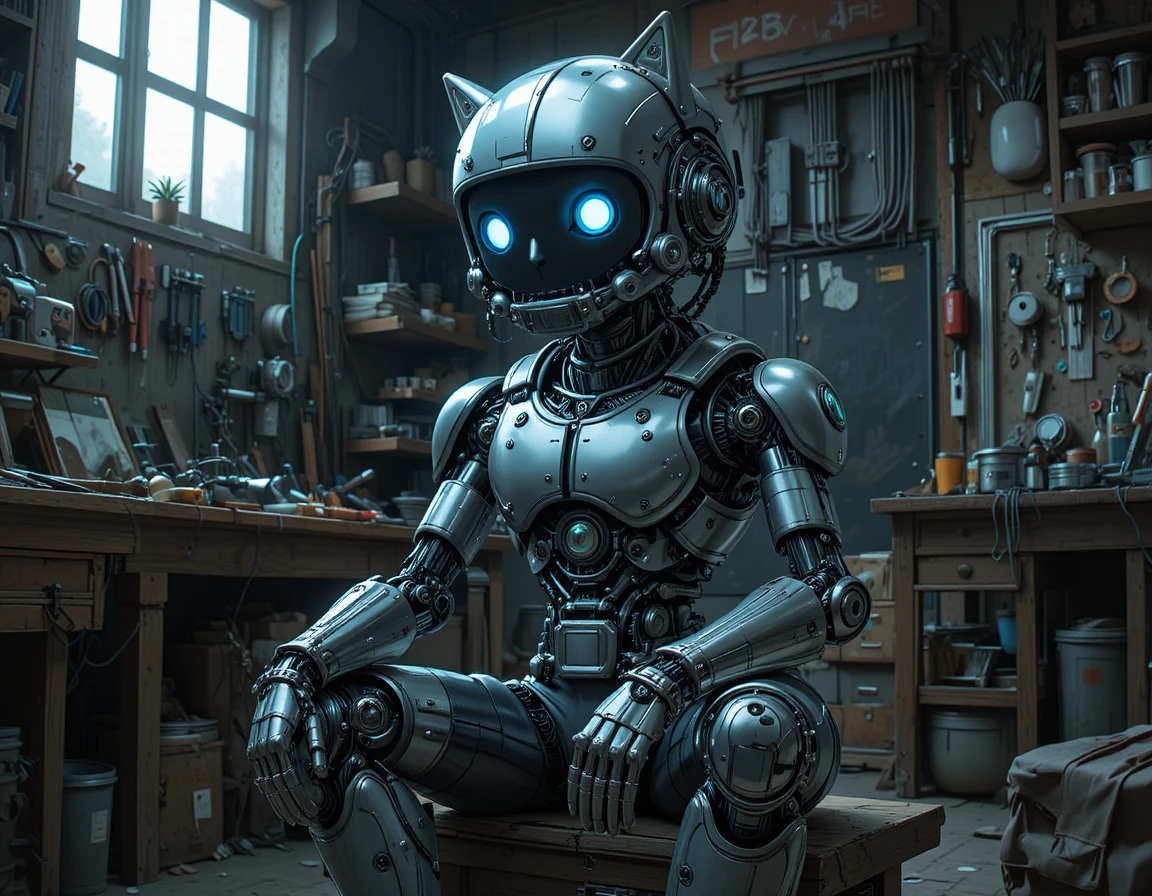 Chat robot humanoïde debout dans un atelier futuriste sombre
