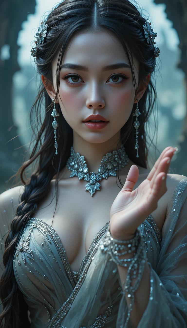 Mystical woman portrait with braid and gemstone jewelry