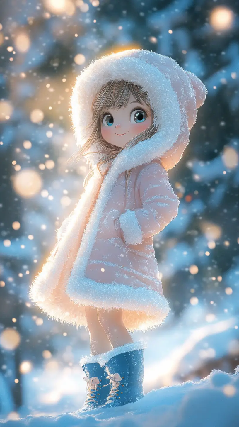 Cheerful Cartoon Girl In A Magical Snowy Landscape