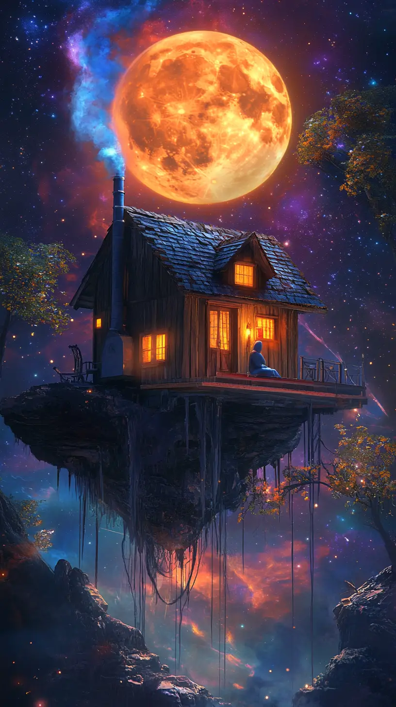 Rustic space cabin before a glowing moonlit sky
