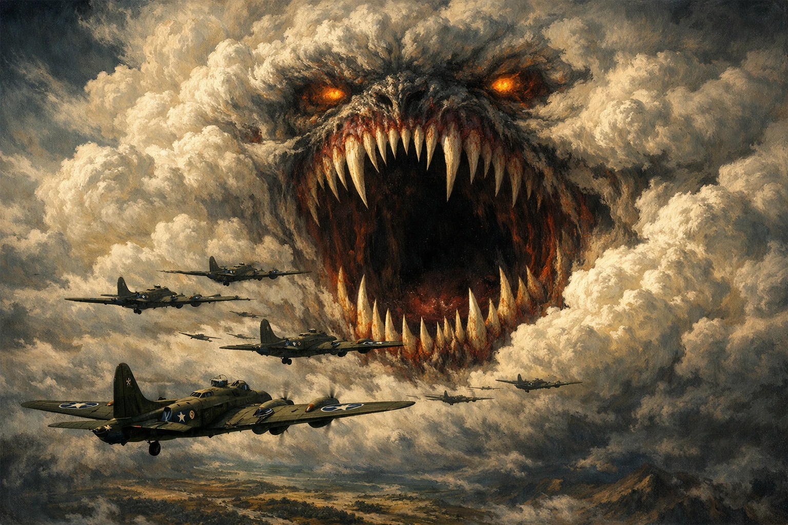 World War II bombers facing a monstrous maw in the sky