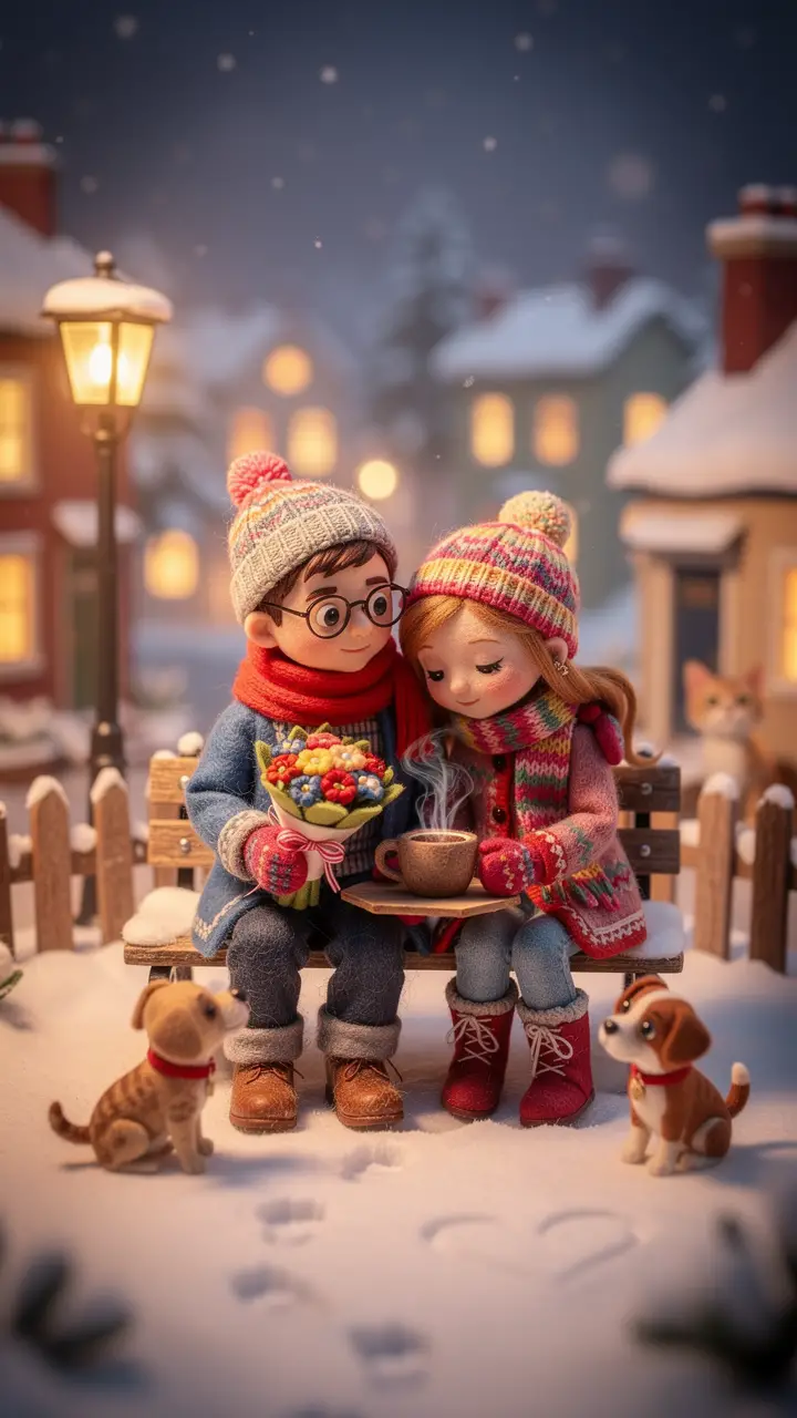 Romantic Felt Couple On Bench In Winter Lantern Glow