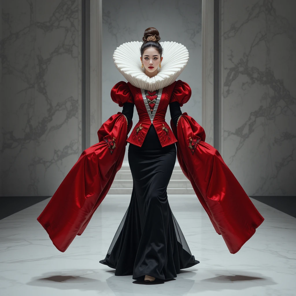 Tirana de la moda coreana con vestido escultural de pasarela con tema de corazones