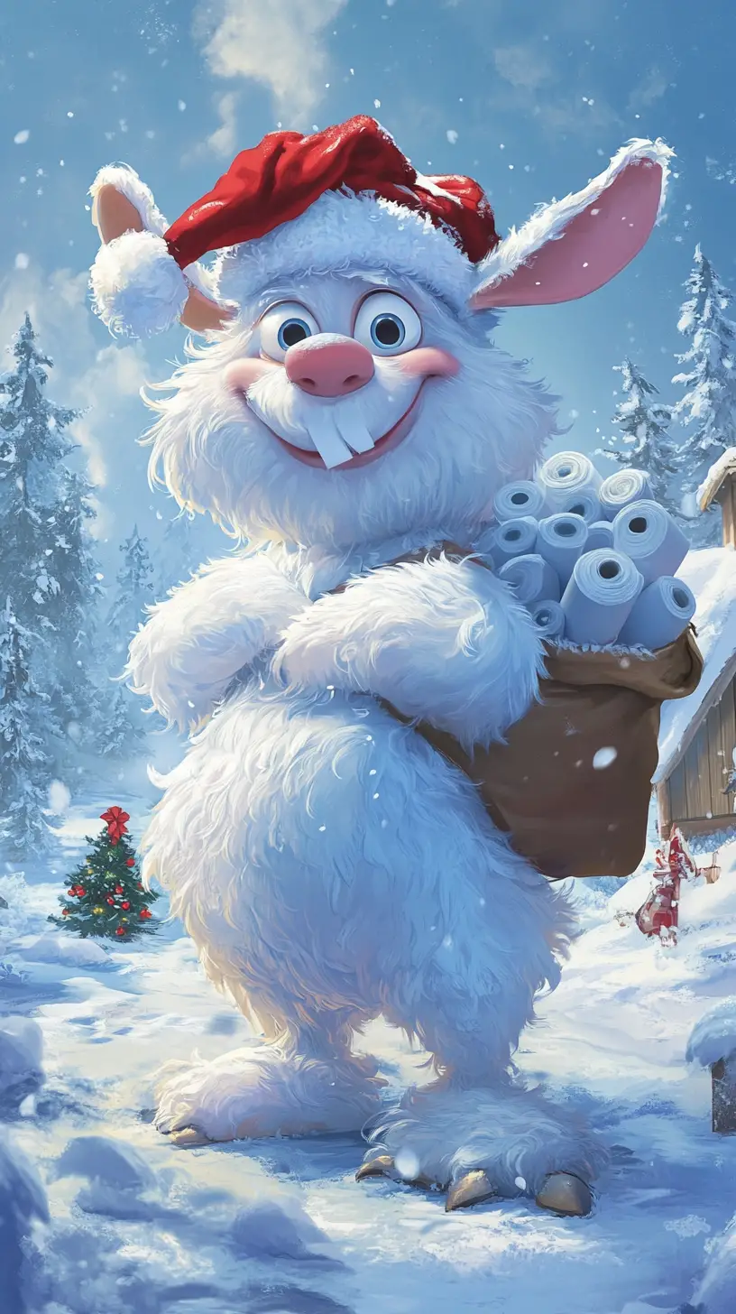 Cartoon rabbit with santa hat tossing toilet paper