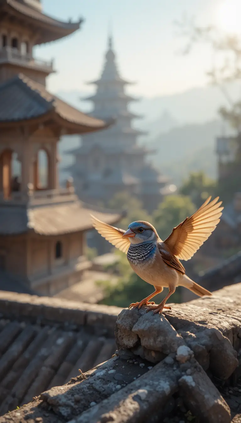 Sparrow On Ancient Temple Roof In Morning Sunlight
