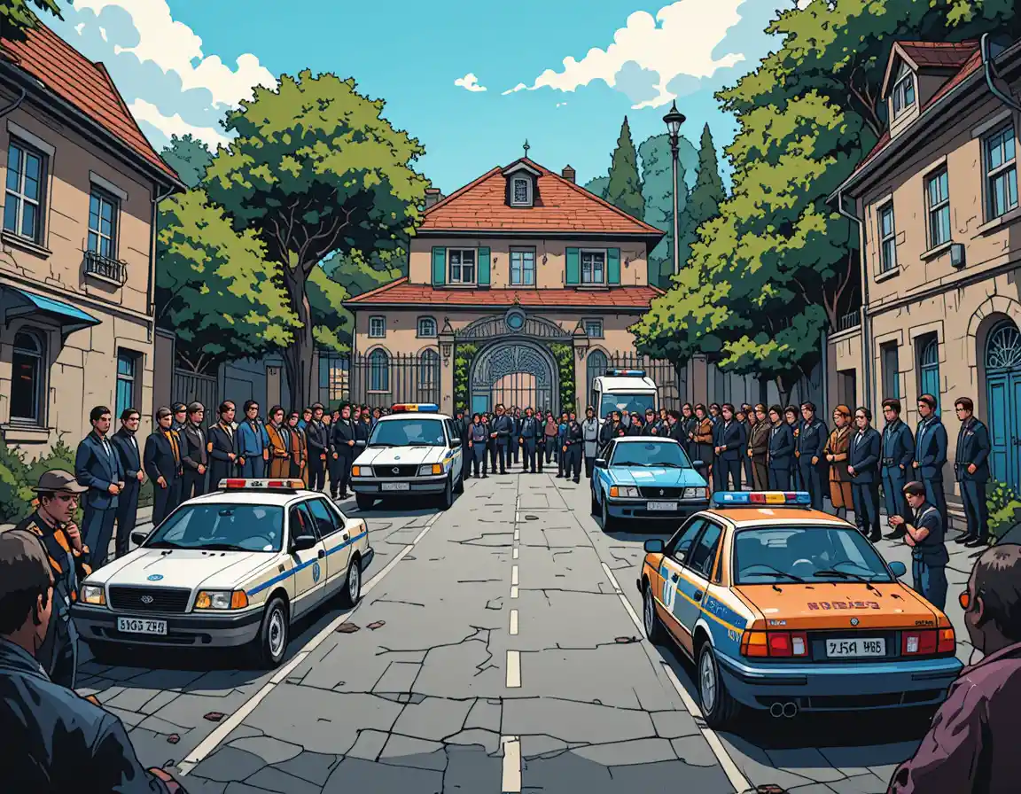 Police vehicles blocking the open gate of a city property
