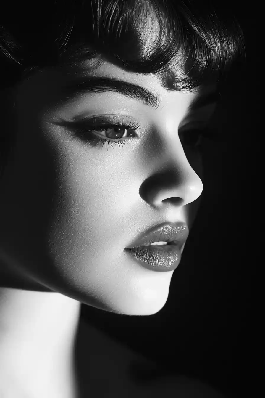Cinematic black and white portrait of an elegant young woman
