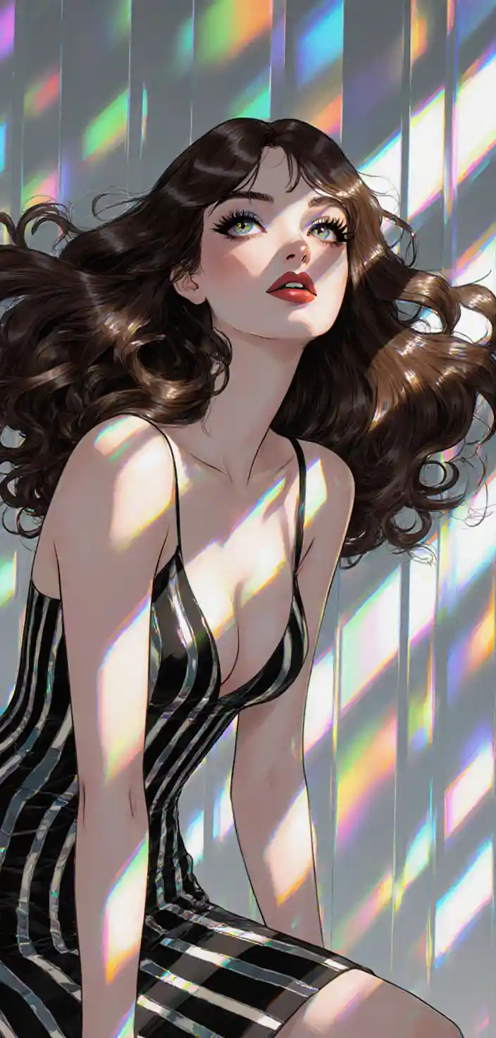 Elegant brunette woman in striped dress glasslike portrait