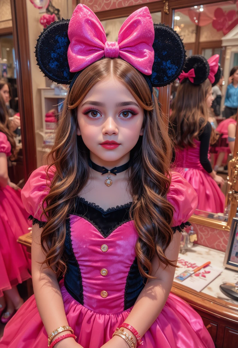 Tween boy in pink minnie dress at boutique vanity