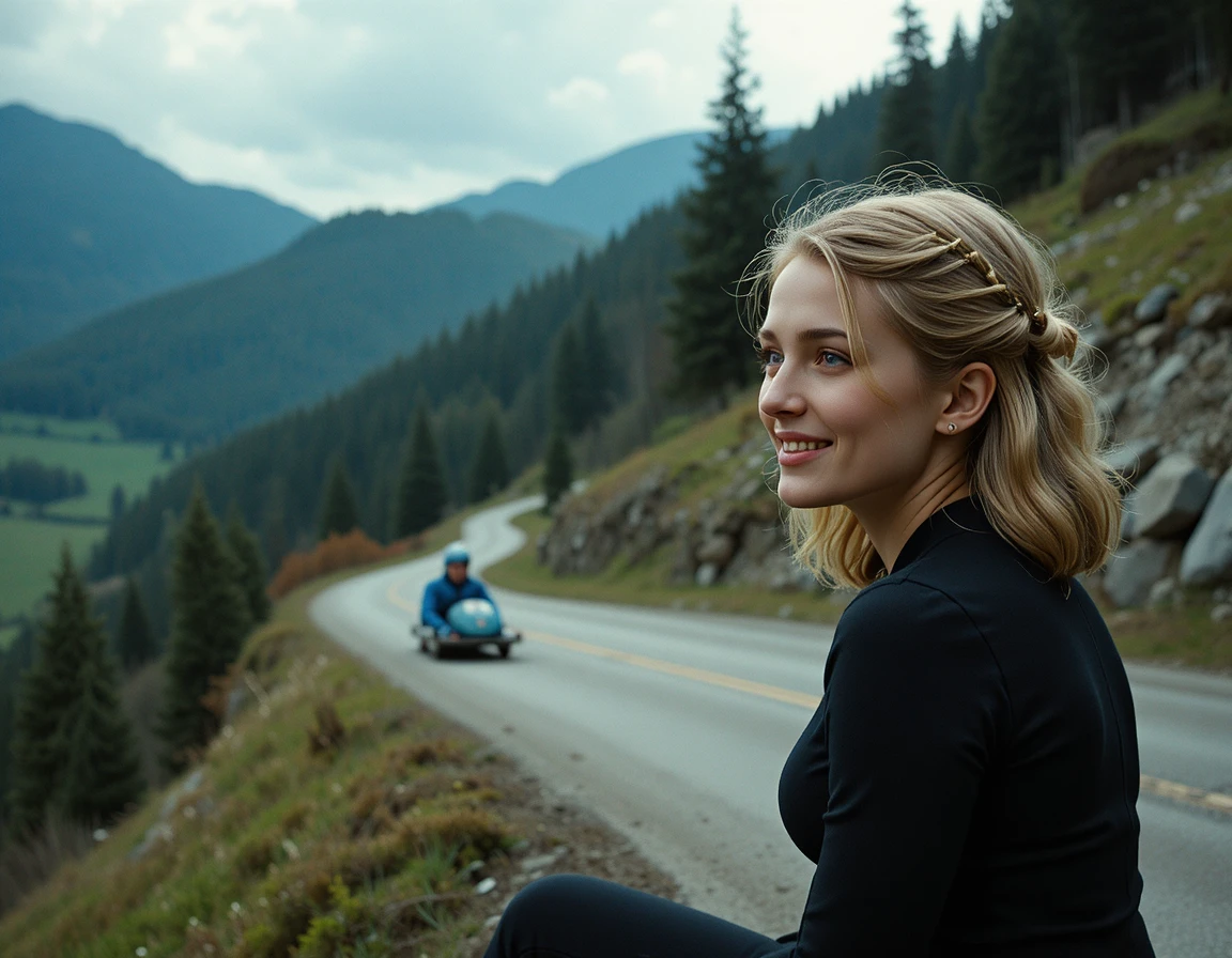Young woman sitting by a winding mountain road