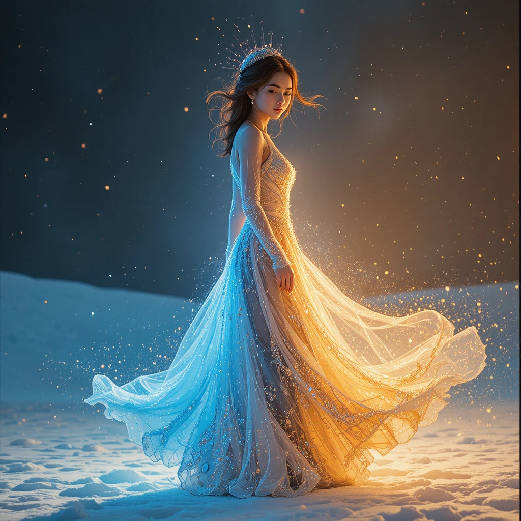 Femme élégante en robe de soirée néon marchant dans la neige