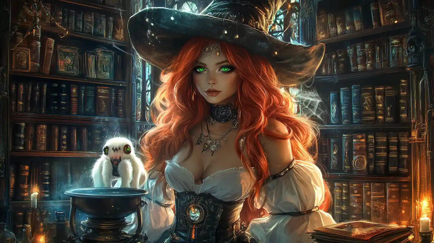 Red haired steampunk witch in a white gown conjuring in library
