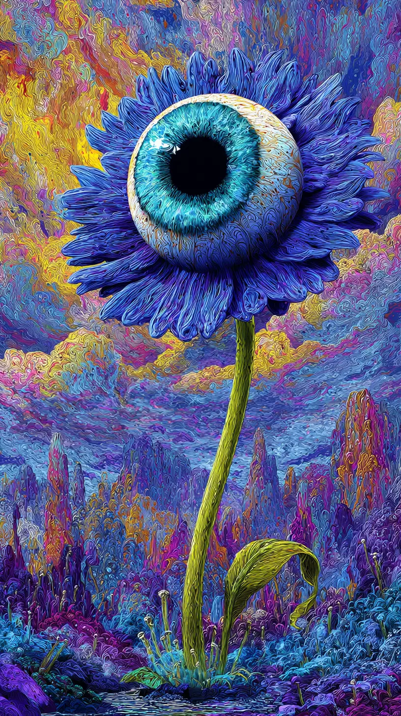 Giant cosmic eye emerging from a blooming alien flower