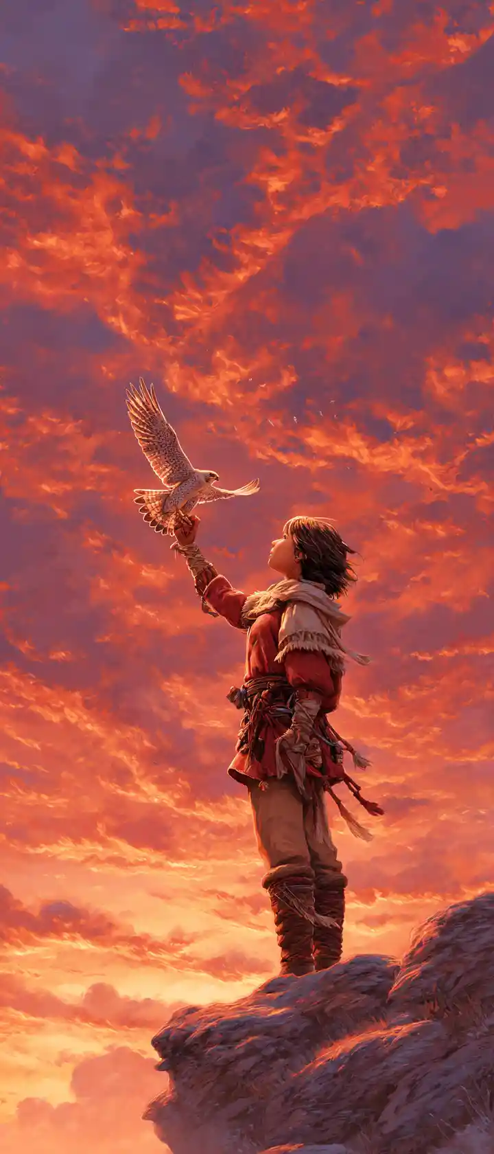 Falconer woman on desert cliff releasing her falcon