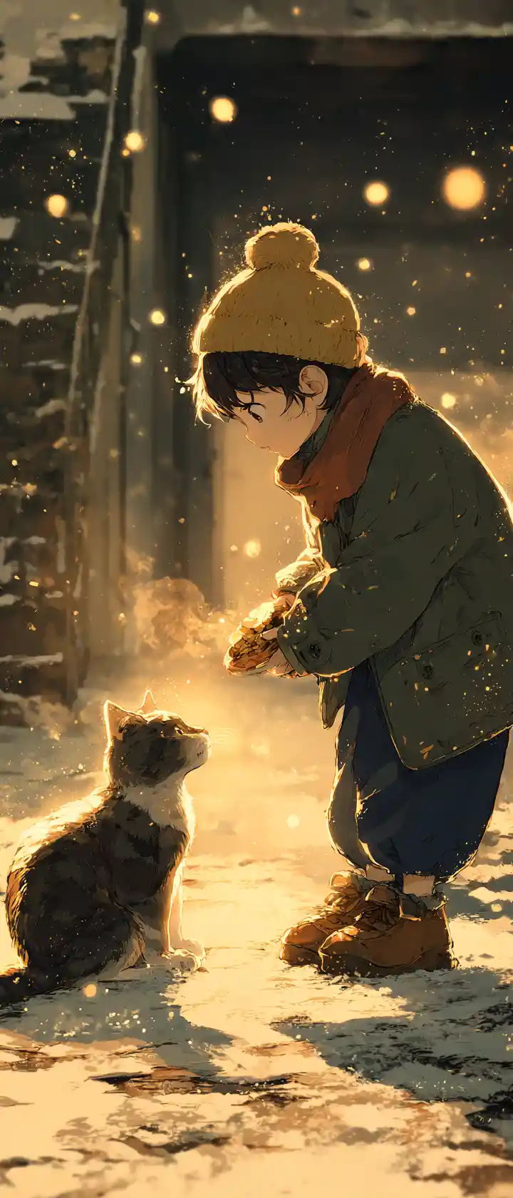 Boy sharing bread with stray cat under winter bridge