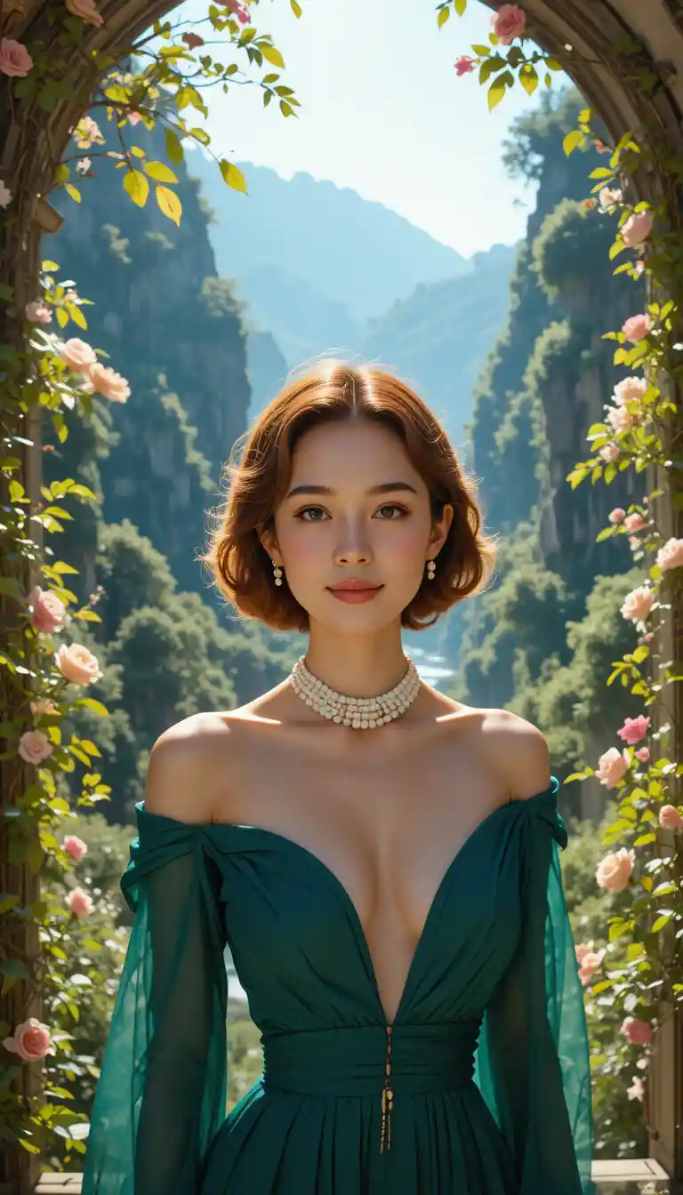 Serene young woman in emerald dress portrait