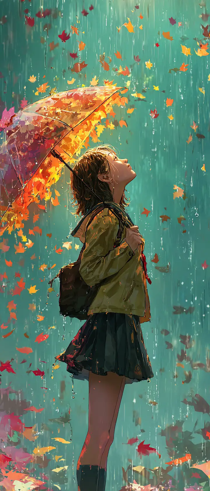Anime girl opening a leaf umbrella in heavy rain