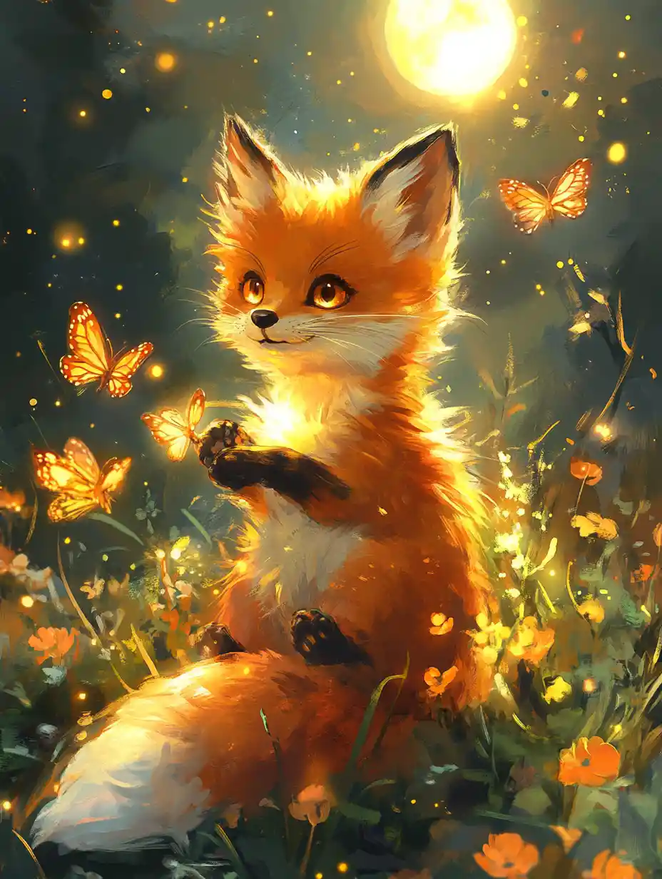 Cute baby fox pouncing toward a glowing butterfly