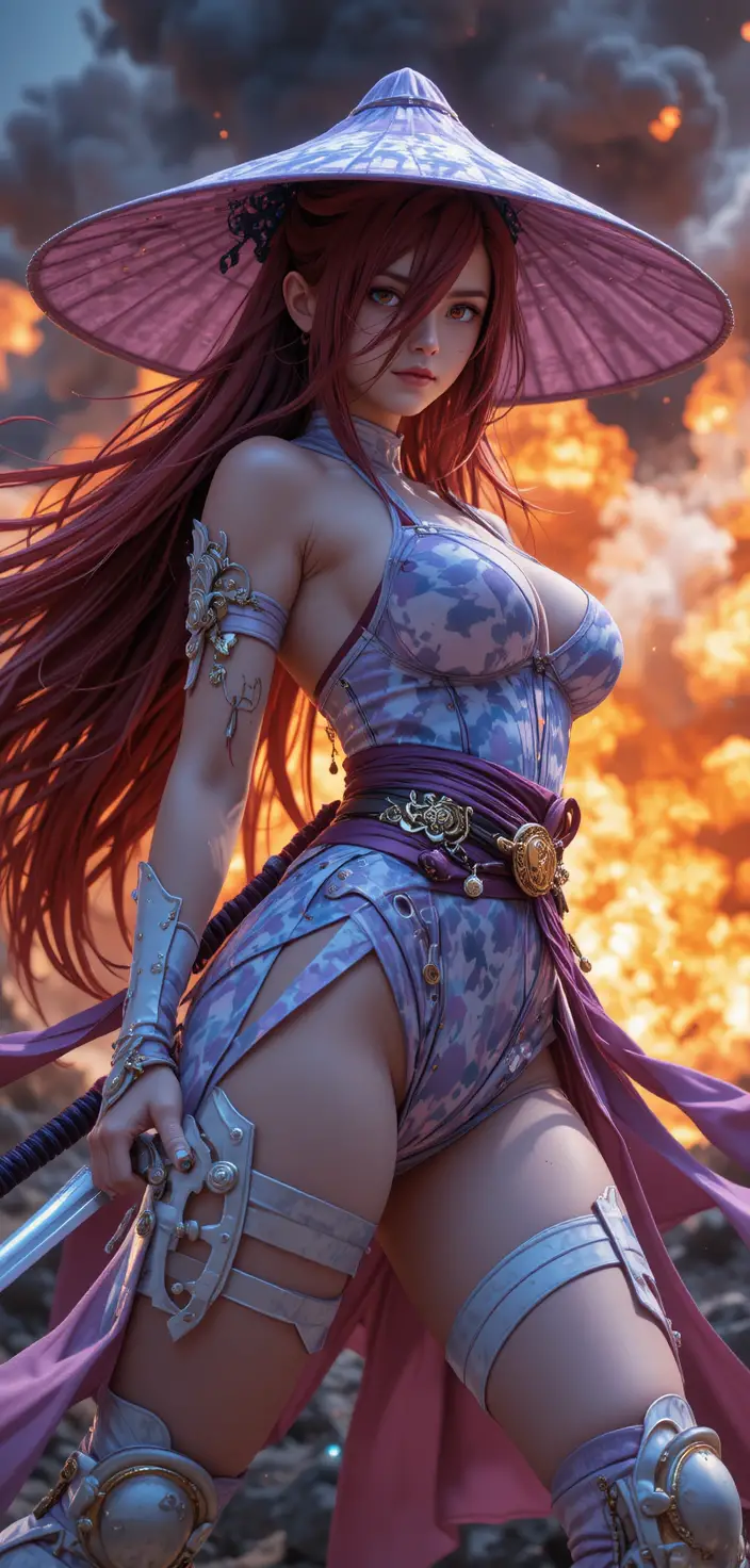 Guerrière ronin d’anime féroce avec katana au cœur d’une explosion de flammes