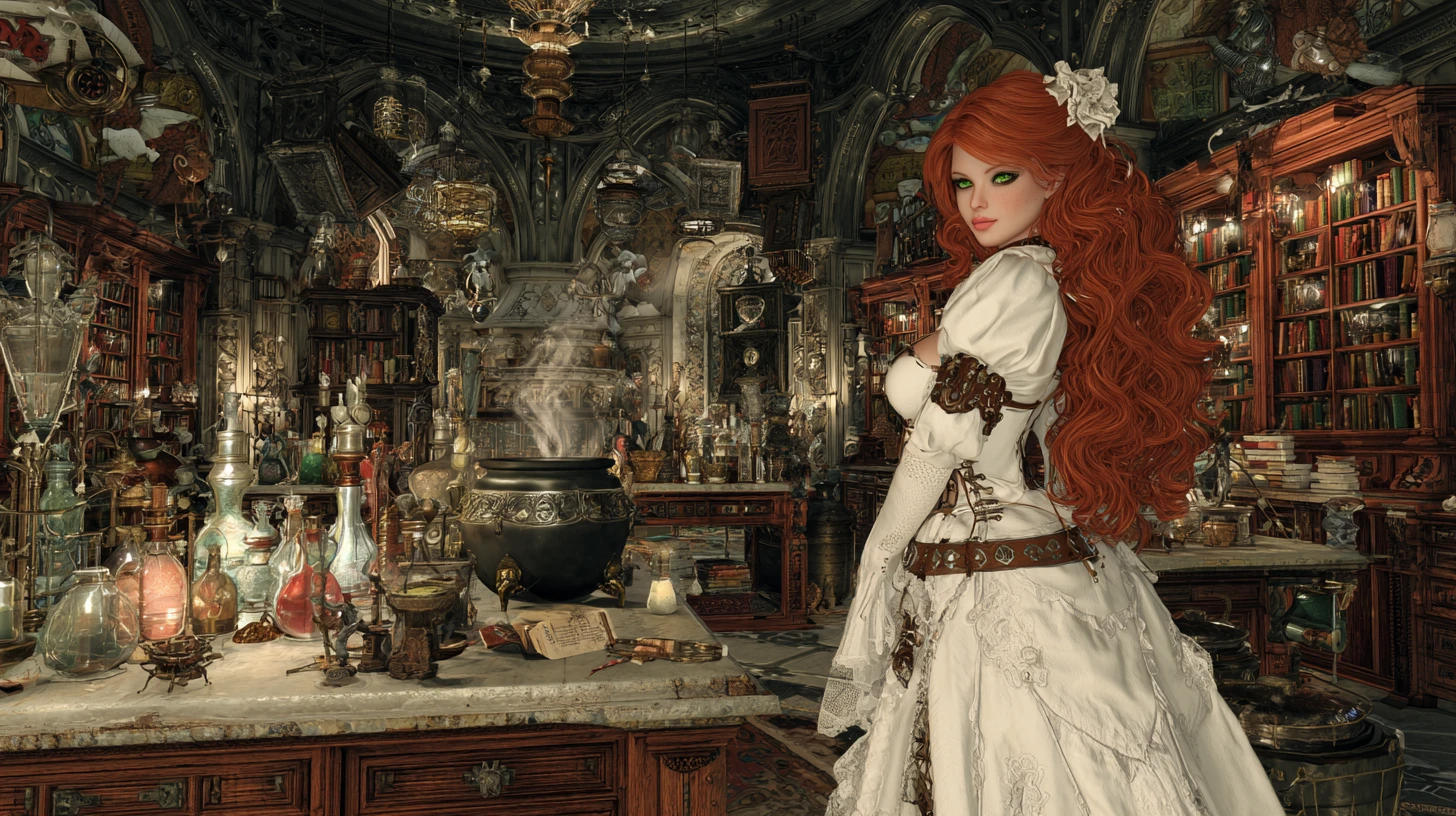 Red haired steampunk witch in a white gown in library