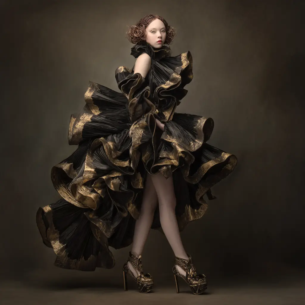 Surreal baroque shoes with golden satin and lace