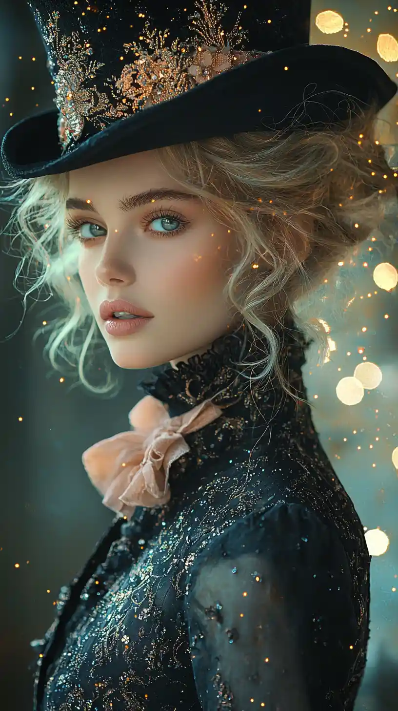 Melancholic woman in top hat against dreamy city lights