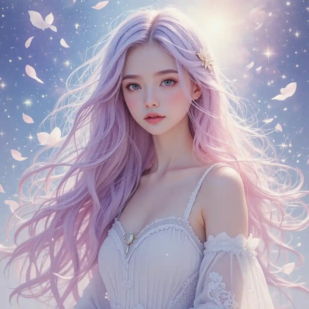 Dreamy pastel girl with flowing lavender pink hair