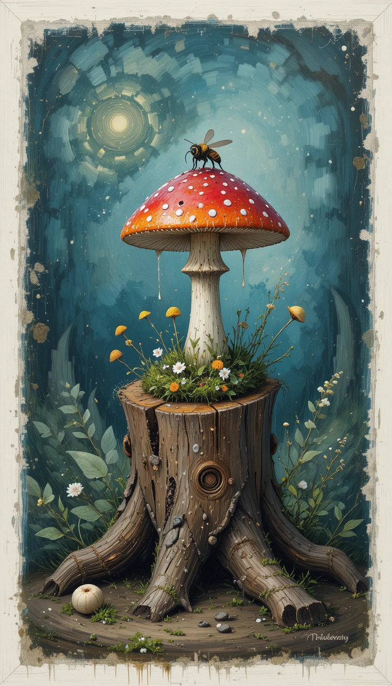 Magical fly agaric mushroom with bee on old forest stump
