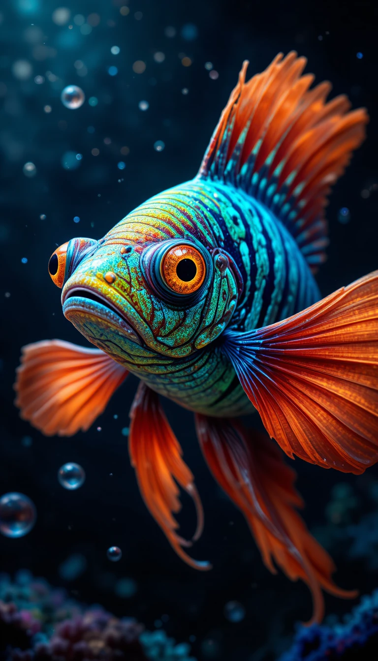 Peixe-zebra colorido com nadadeiras brilhantes em uma cena subaquática estrelada