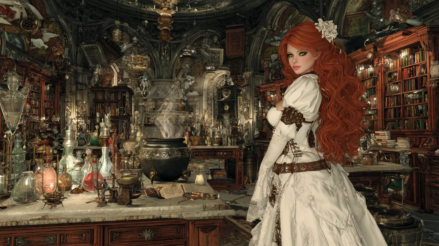 Red haired steampunk witch in a white gown in library