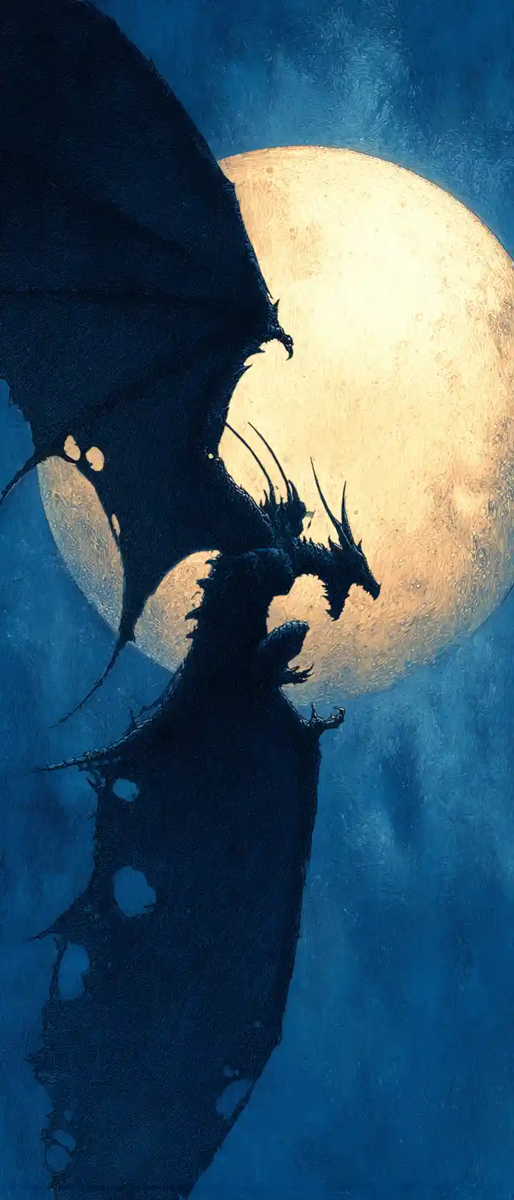 Gigantic dragon silhouetted against a luminous full moon