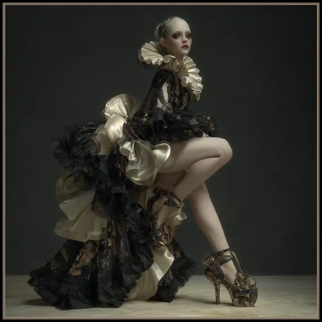 Surreal fantasy fashion shoes with baroque satin details