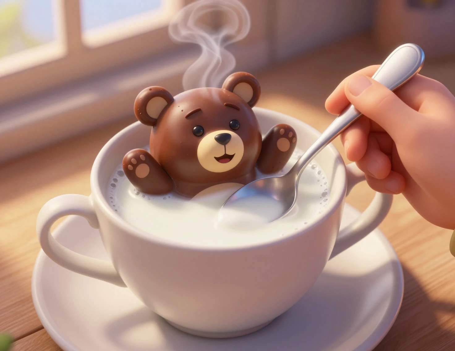 Warm cup of milk with chocolate bear and child hand