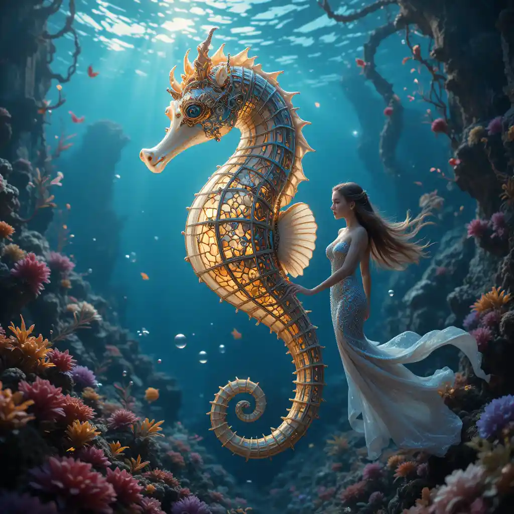 Glowing seahorse and mermaid in a dreamy underwater realm