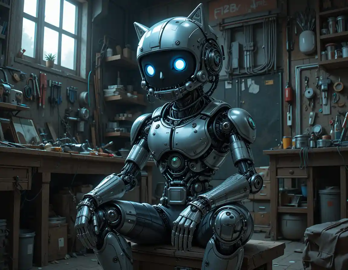 Chat robot humanoïde debout dans un atelier futuriste sombre